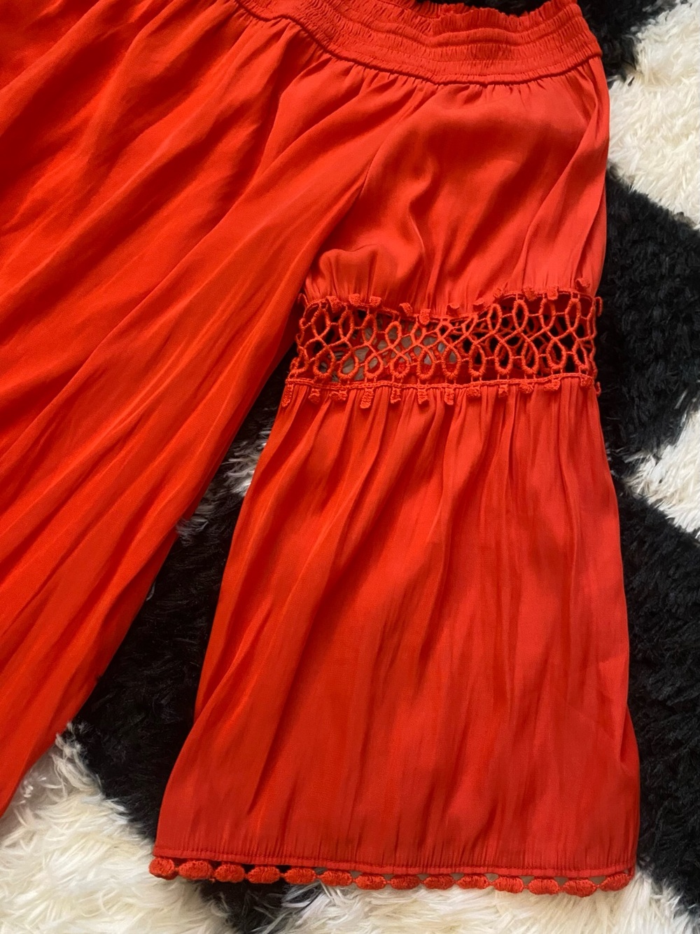 Chico's Bright Red Off-Shoulder Blouse with Crochet Sleeve Trim - Picture 3 of 4